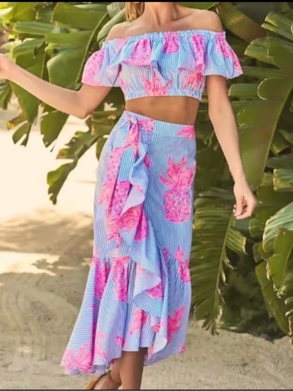 Lilly Pulitzer Larissa Blue and Pink Off-Shoulder Two-Piece Skirt Set